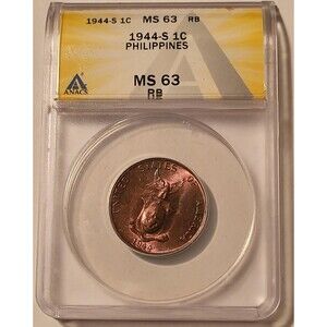 Philippines 1944 S Centavo MS63 RB ANACS Nice Toning